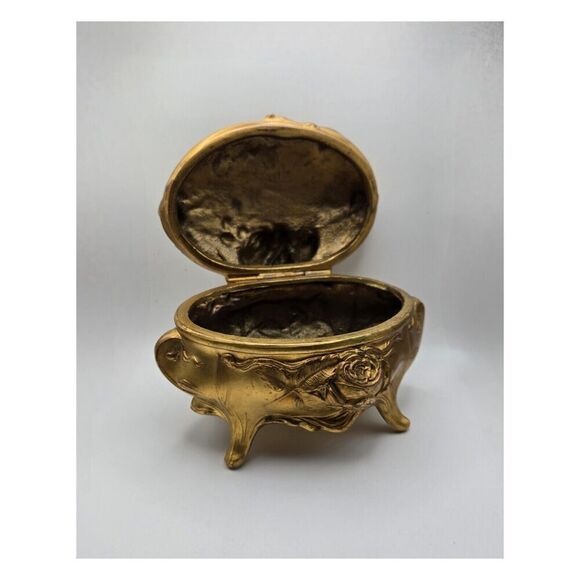 Beautiful Early 1900's Art Nouveau Ornate Gold Sculpted Rose Footed Jewelry Cask - Picture 7 of 9